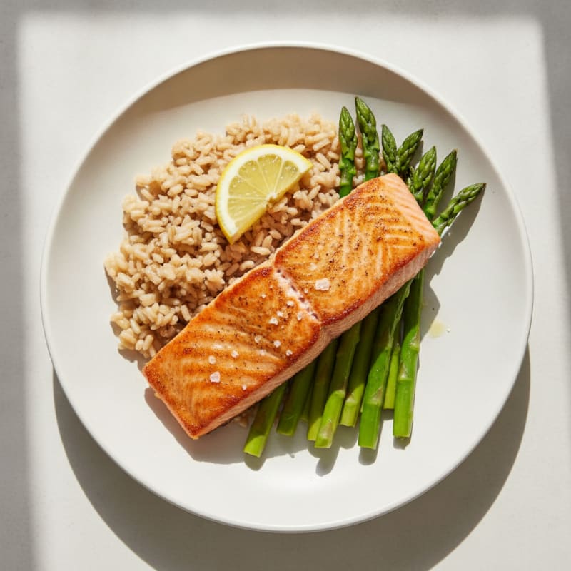 Seared Salmon with Steamed Asparagus and Brown Rice