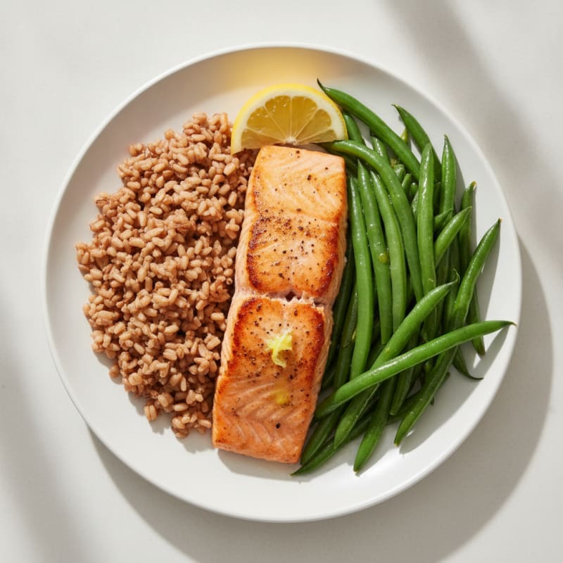 Seared Salmon with Steamed Green Beans and Brown Rice