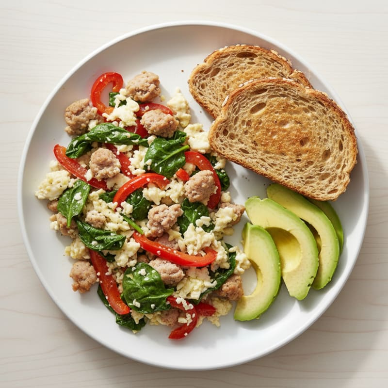 Egg White and Turkey Sausage Scramble with Spinach and Peppers