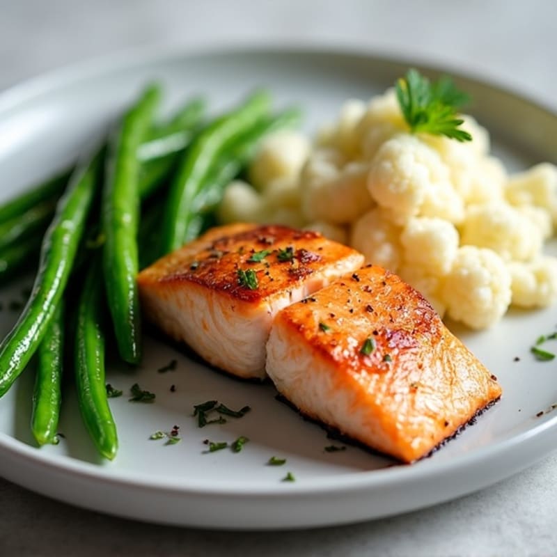 Seared Salmon with Steamed Green Beans and Garlic Mashed Cauliflower