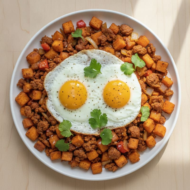 Sweet Potato and Chorizo Hash with Fried Eggs