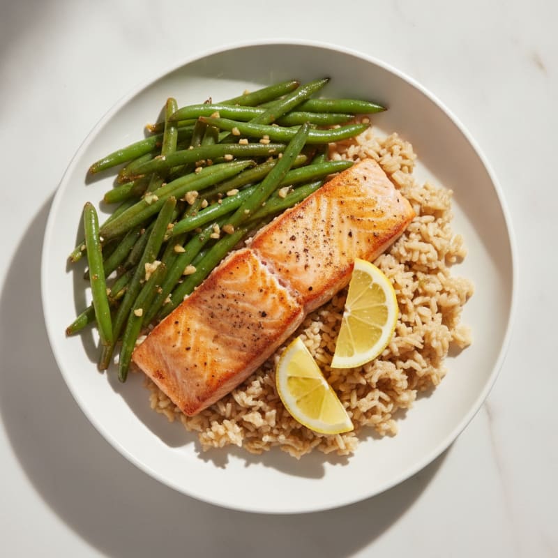 Seared Salmon with Garlic Green Beans and Brown Rice