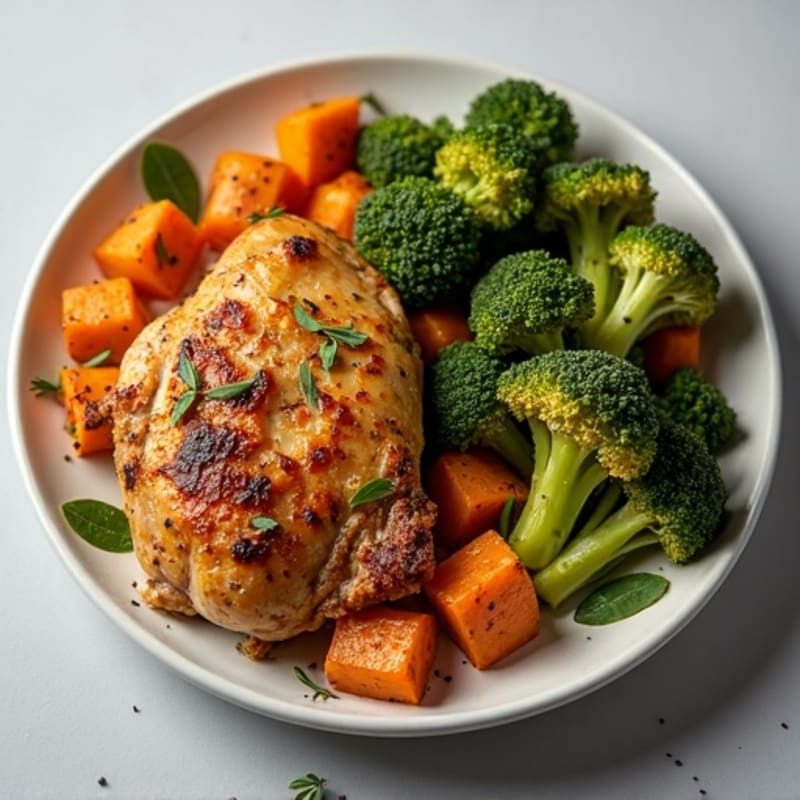 Crispy Herb-Roasted Chicken Thighs with Roasted Sweet Potatoes and Broccoli