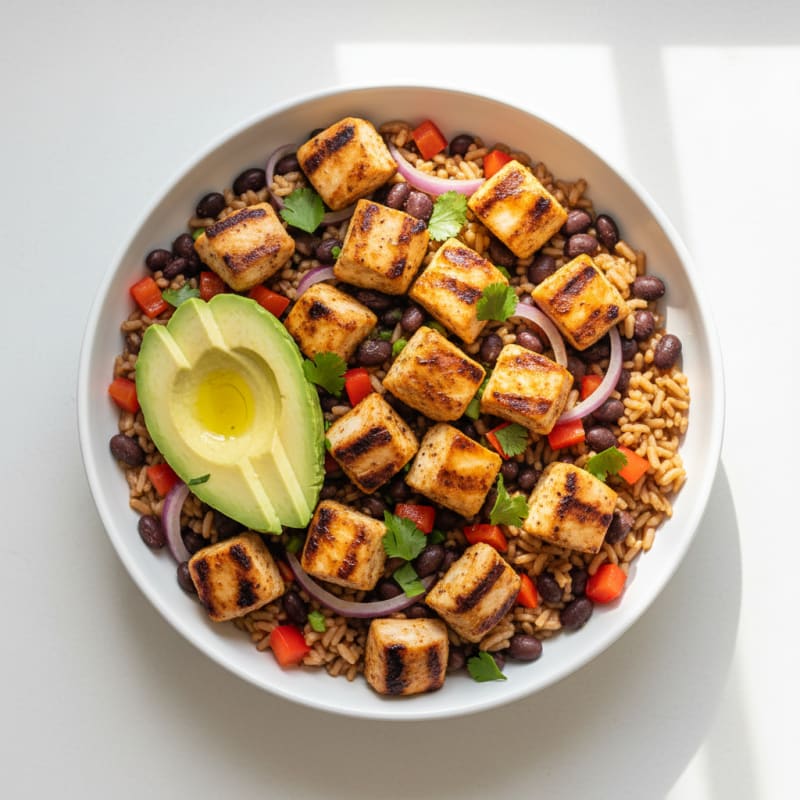 Grilled Chicken Burrito Bowl with Brown Rice and Black Beans