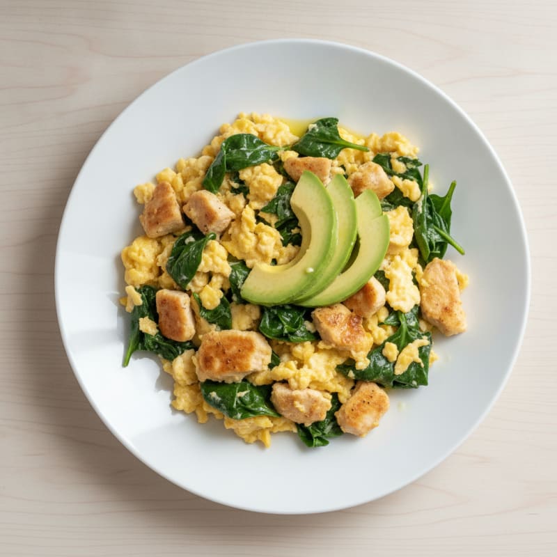 Scrambled Eggs with Sautéed Chicken and Spinach