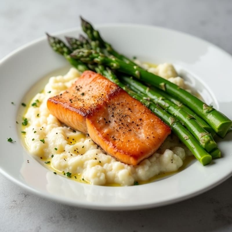Seared Salmon with Steamed Asparagus and Cauliflower Mash