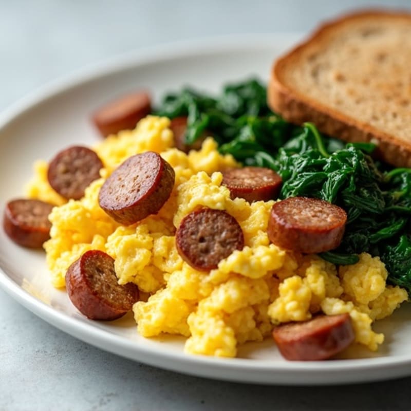 Egg White and Turkey Sausage Scramble with Sautéed Spinach