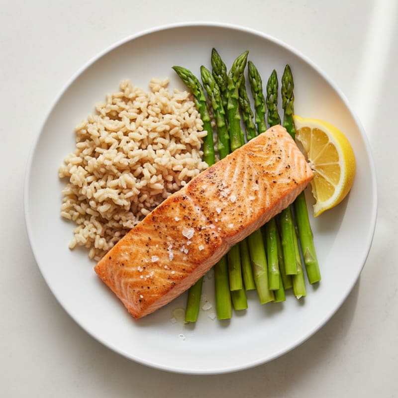 Seared Salmon with Steamed Asparagus and Brown Rice