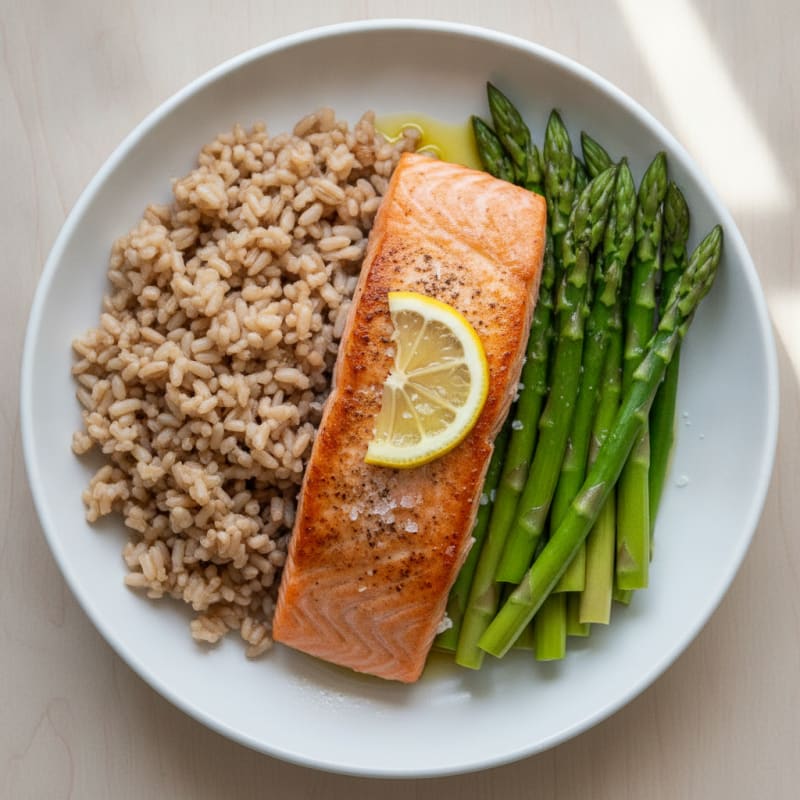 Seared Salmon with Steamed Asparagus and Brown Rice