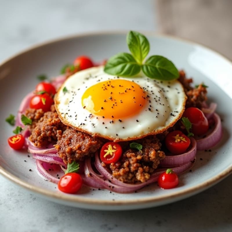 Crispy Beef with Fresh Red Onion and Chili topped with Egg