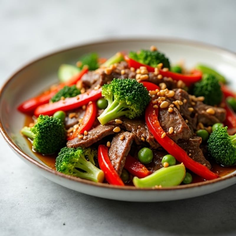 Thinly Sliced Sesame Garlic Beef Stir-Fry with Crisp Vegetables