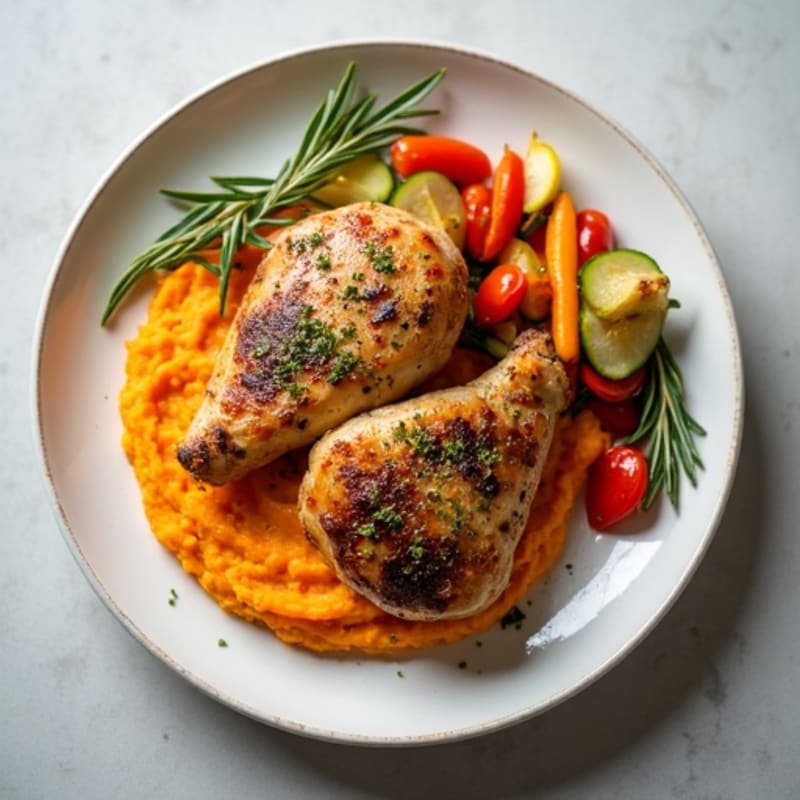 Herb-Seared Chicken Thighs with Sweet Potato Mash and Sautéed Mixed Veggies