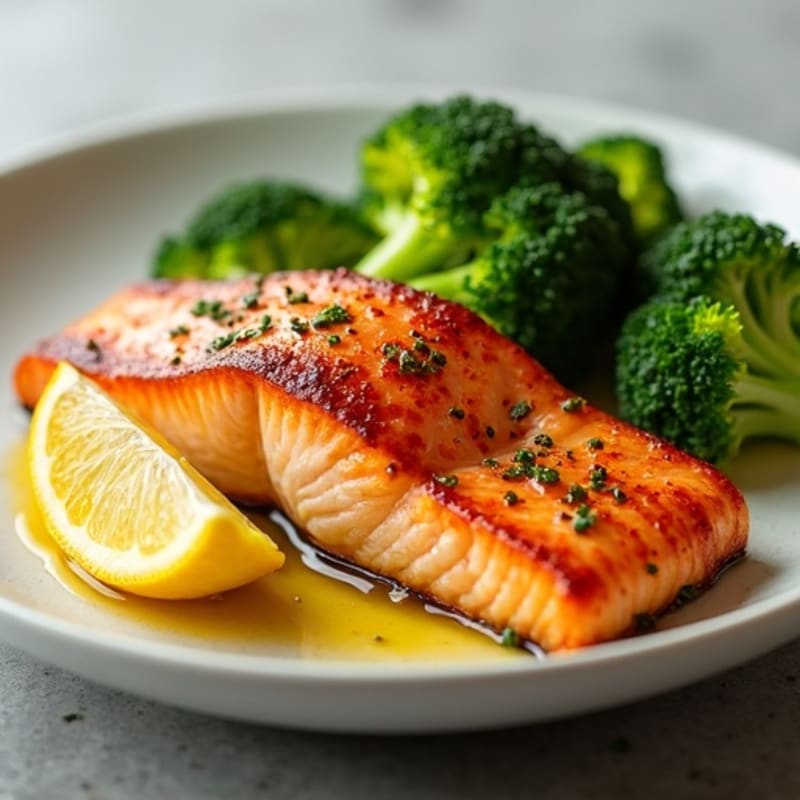 Seared Salmon with Steamed Broccoli and Lemon