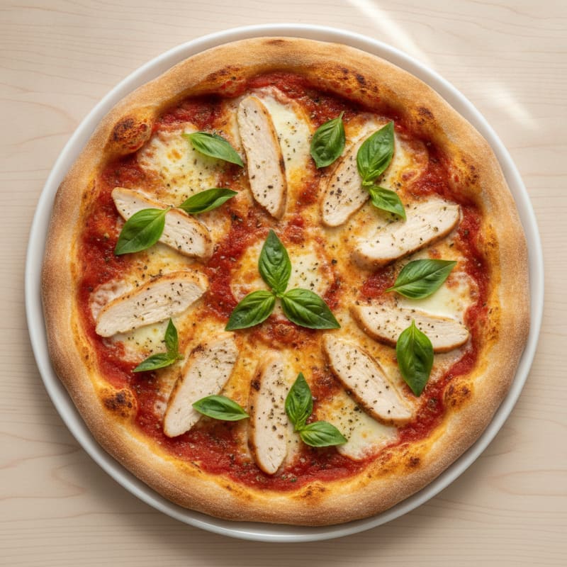 Classic Margherita Pizza with Fresh Basil and Grilled Chicken