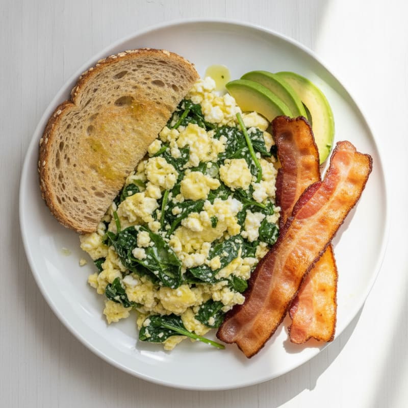 Cottage Cheese Scramble with Spinach and Turkey Bacon