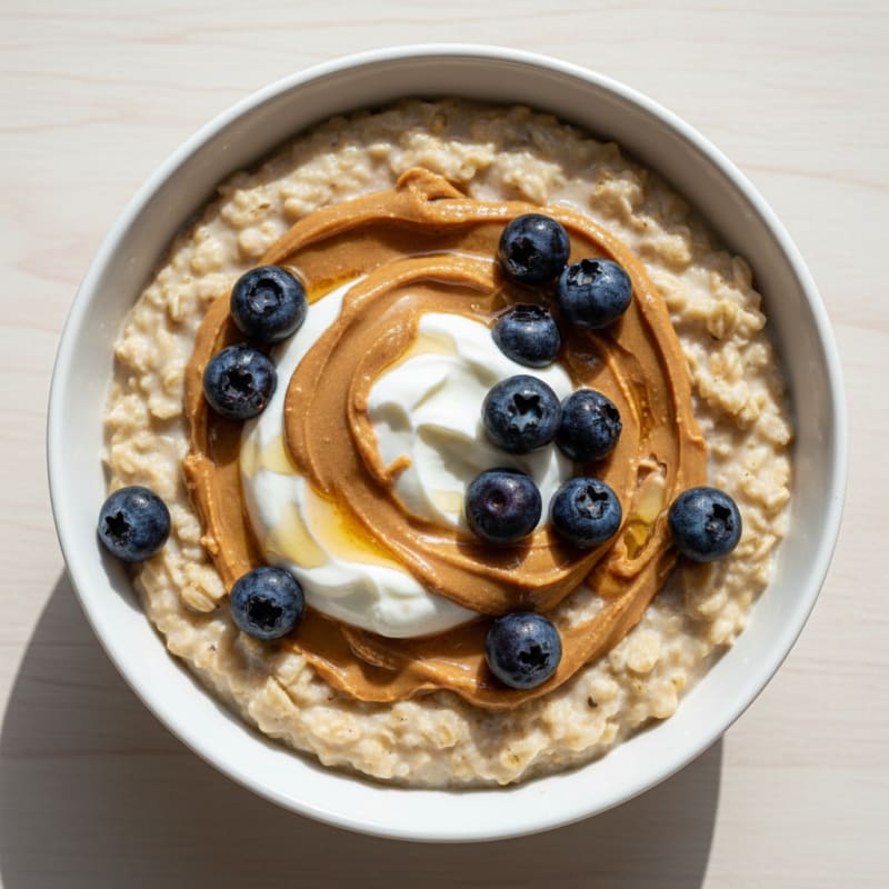 Creamy Oatmeal with Greek Yogurt, Peanut Butter Swirl, and Fresh Berries