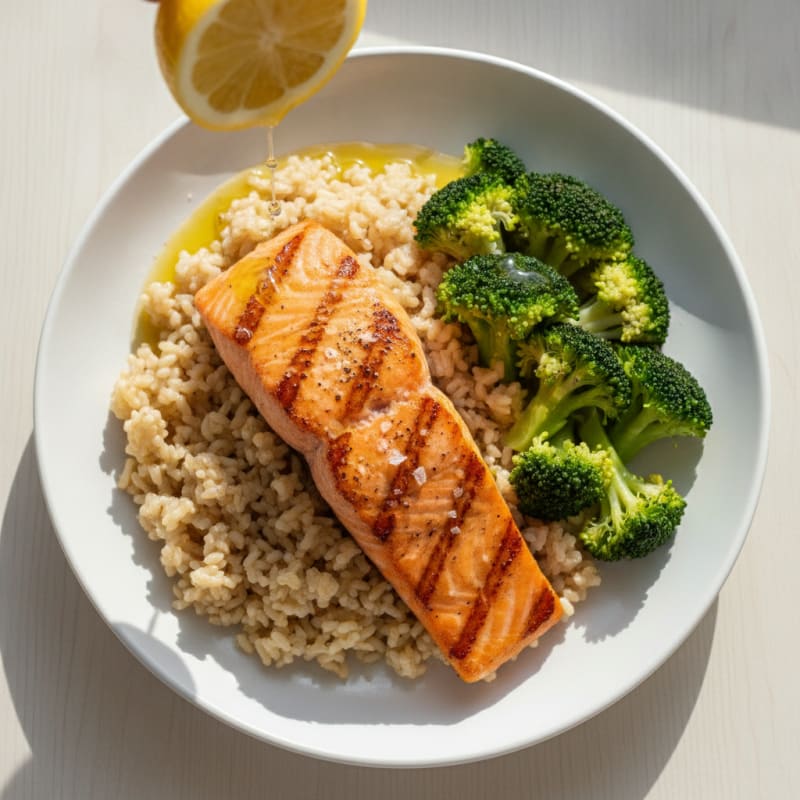 Seared Salmon Fillet with Steamed Broccoli and Brown Rice