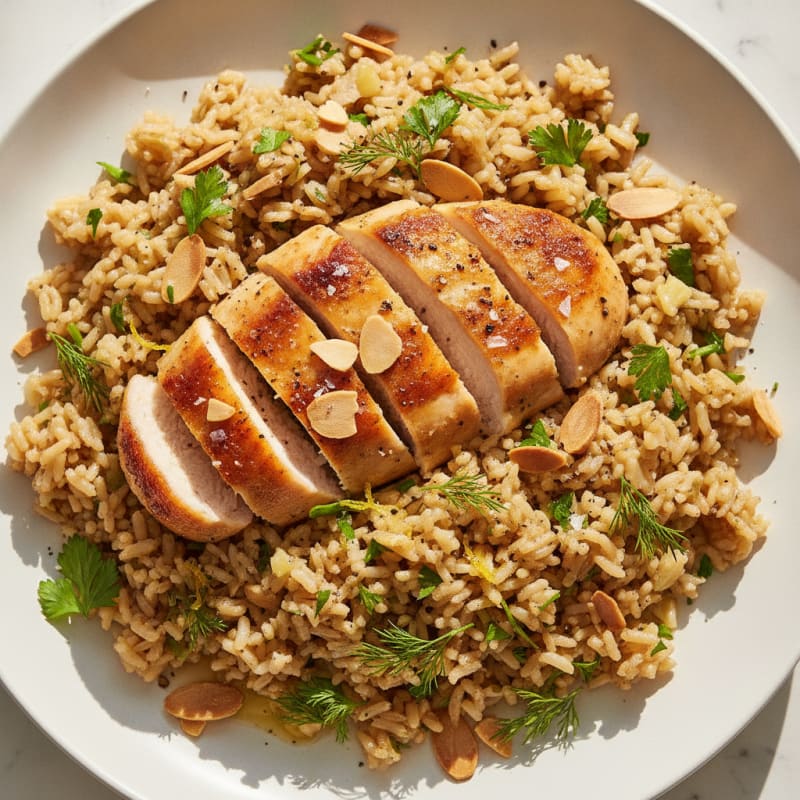 Lemon Herb Rice Pilaf with Toasted Almonds & Seared Chicken
