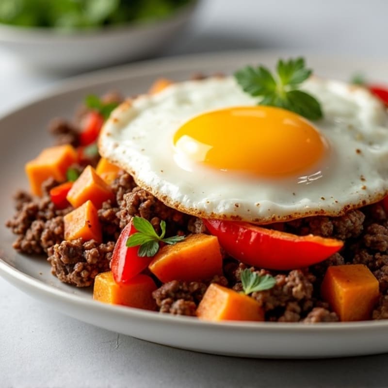 Savory Ground Beef and Roasted Sweet Potato Hash
