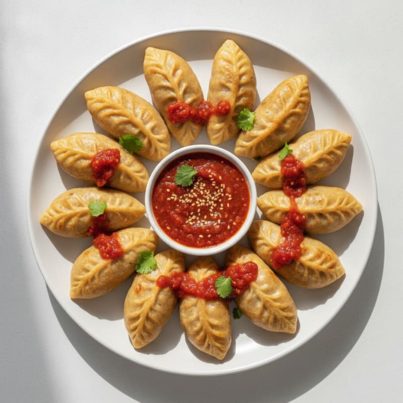 Chicken Momo Dumplings with Tomato Achar