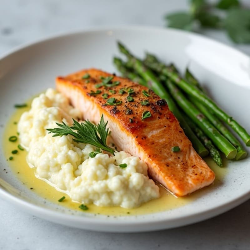 Seared Salmon with Steamed Asparagus and Cauliflower Mash