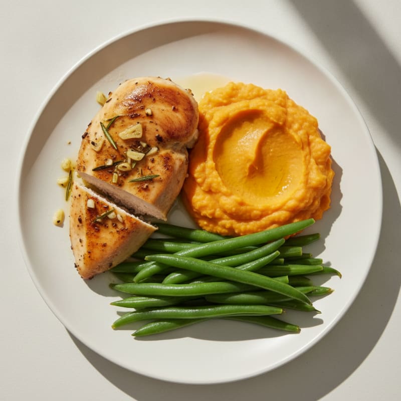 Garlic Herb Chicken Breast with Steamed Green Beans and Sweet Potato Mash