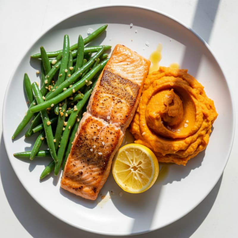 Seared Salmon Fillet with Garlic Green Beans and Mashed Sweet Potato