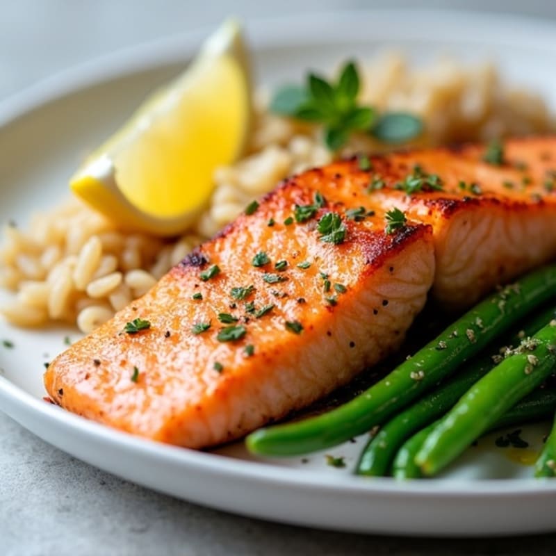 Seared Salmon with Garlic Green Beans and Brown Rice