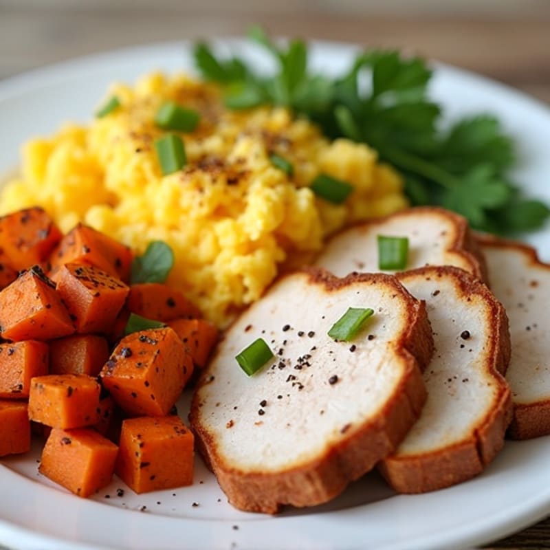 Scrambled Eggs with Roasted Turkey Breast and Sweet Potato Hash
