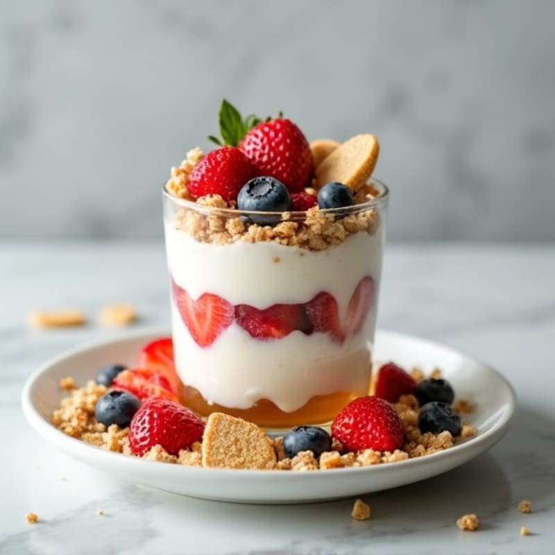 High-Protein Greek Yogurt Parfait with Mixed Fruit and Protein Chips Crumble