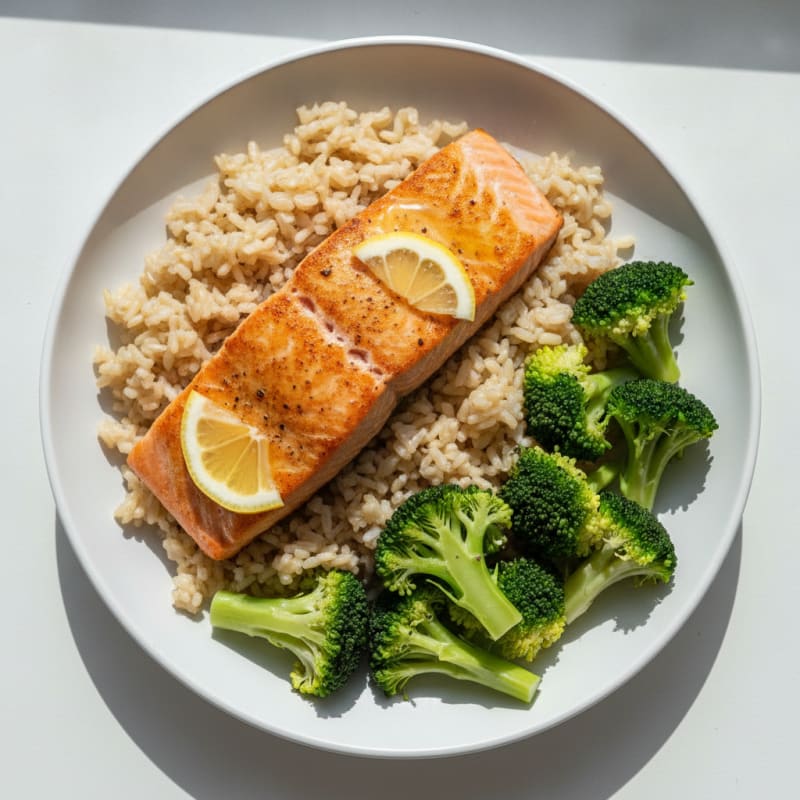 Seared Salmon with Steamed Broccoli and Brown Rice