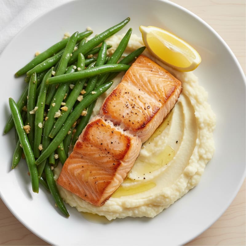 Seared Salmon Fillet with Garlic Green Beans and Cauliflower Mash