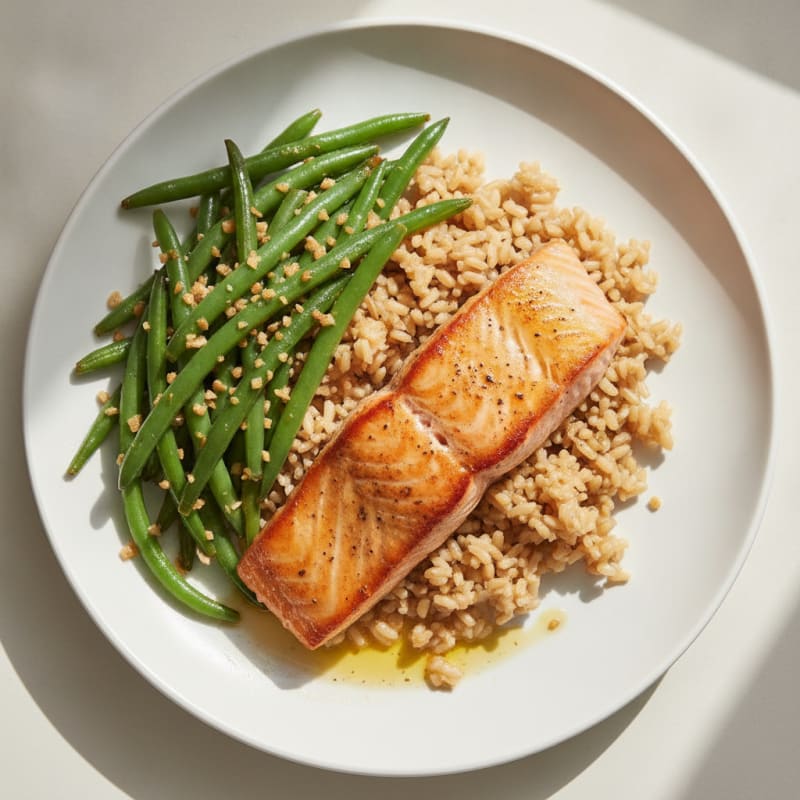 Seared Salmon with Garlic Green Beans and Brown Rice