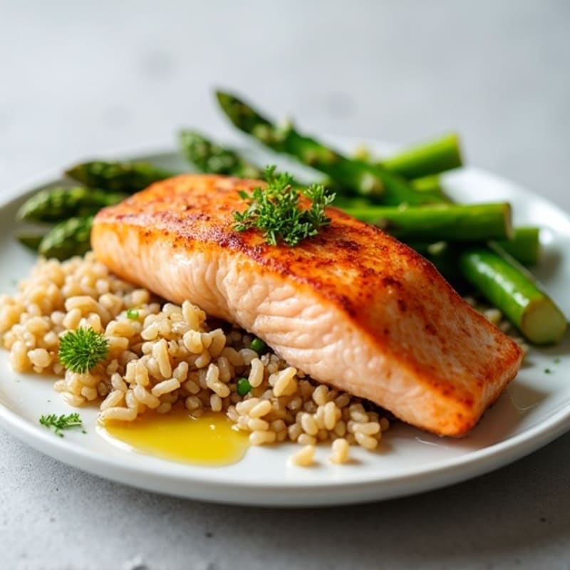 Seared Salmon Fillet with Steamed Asparagus and Brown Rice