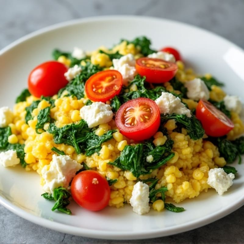Fluffy Egg Scramble with Sautéed Spinach and Cherry Tomatoes
