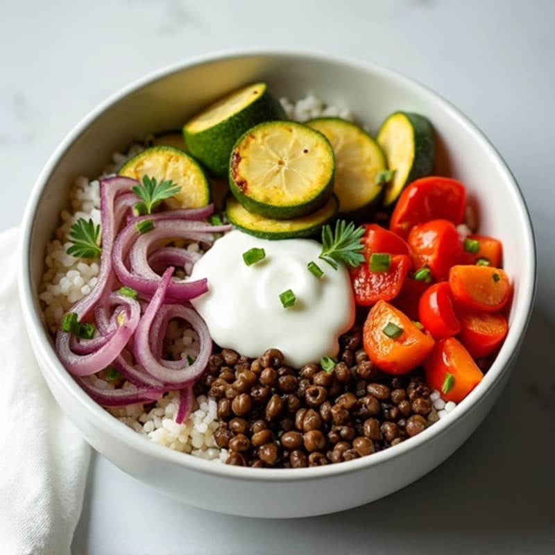 Lentil and Roasted Vegetable Bowl with Lemon Yogurt Drizzle