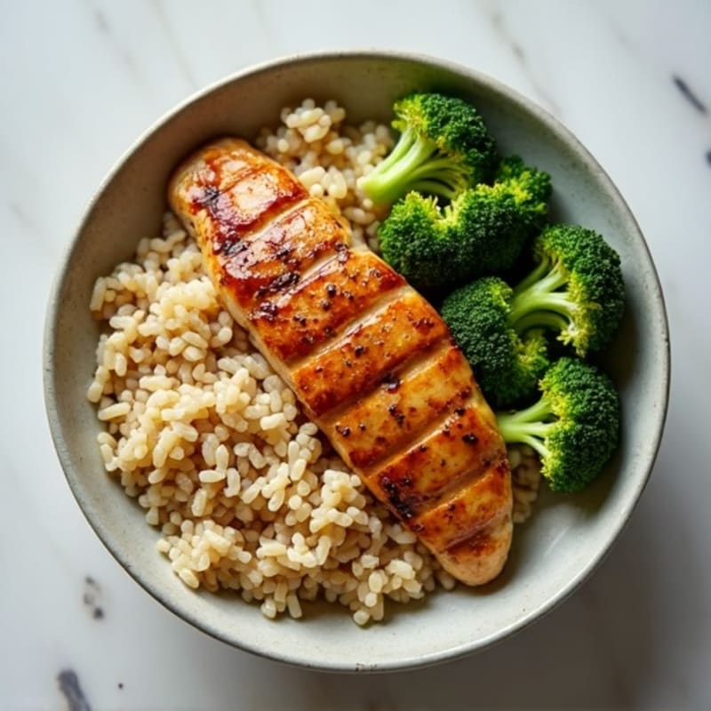 Grilled Chicken and Brown Rice Bowl with Roasted Broccoli