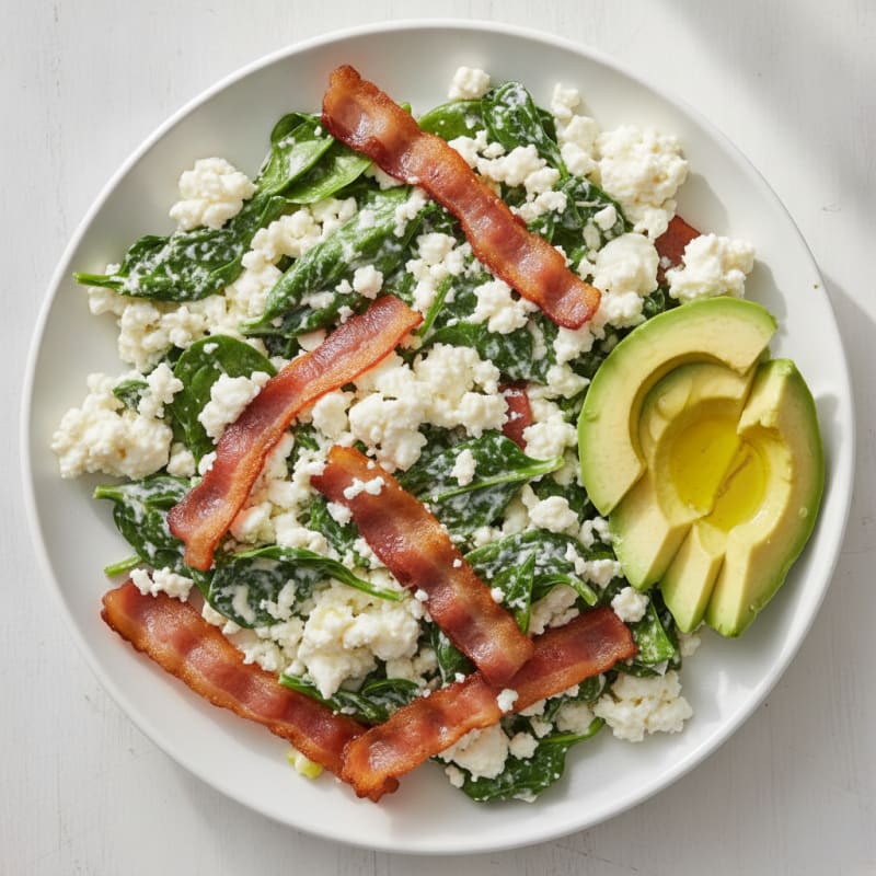 Cottage Cheese Egg White Scramble with Spinach and Turkey Bacon