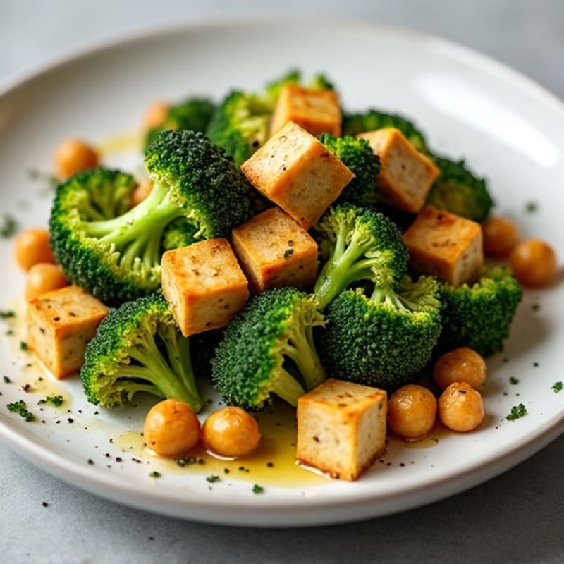 Crispy Garlic Parmesan Roasted Broccoli with Tofu & Chickpeas