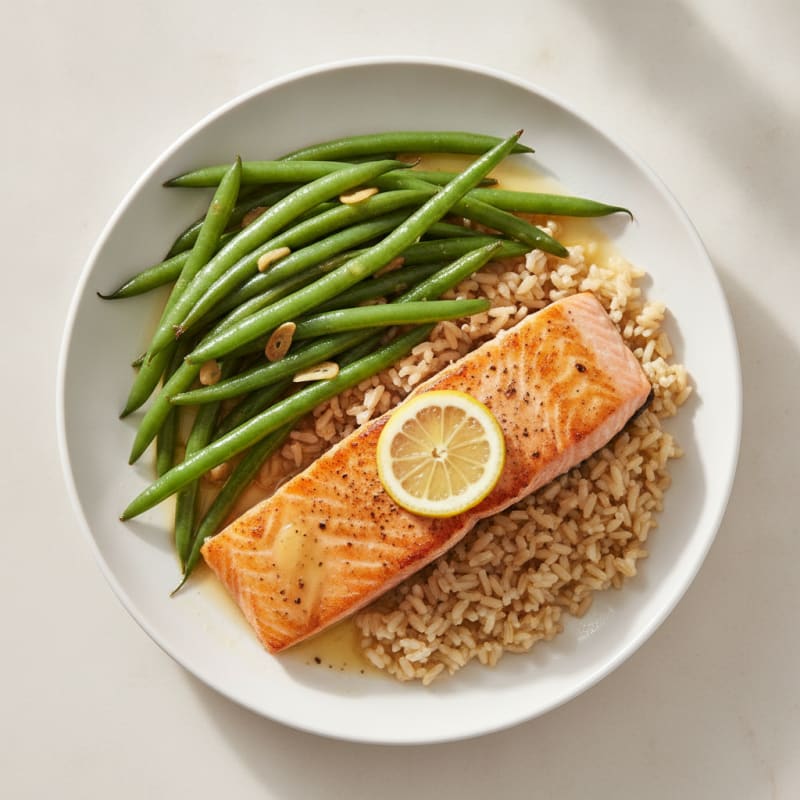 Pan Seared Salmon with Garlic Green Beans and Brown Rice
