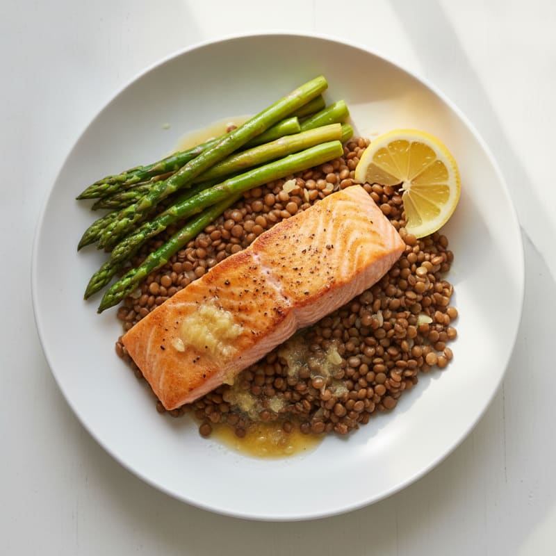 Seared Salmon Fillet with Lentil Pilaf and Steamed Asparagus