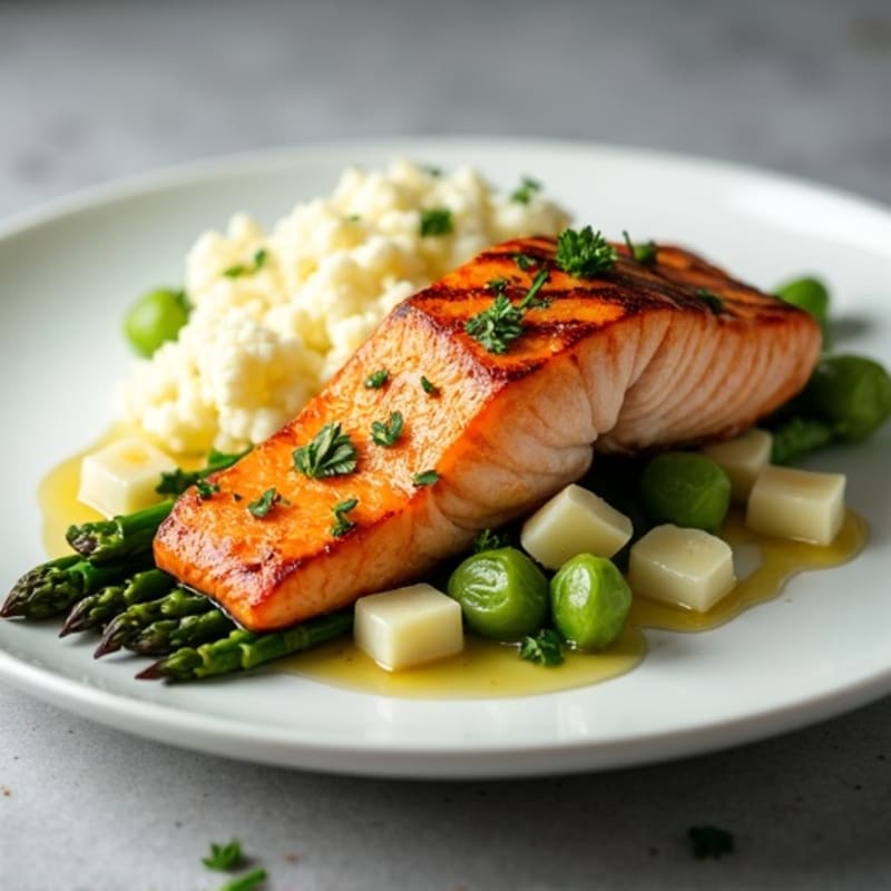 Seared Salmon Fillet with Steamed Asparagus and Garlic Mashed Cauliflower