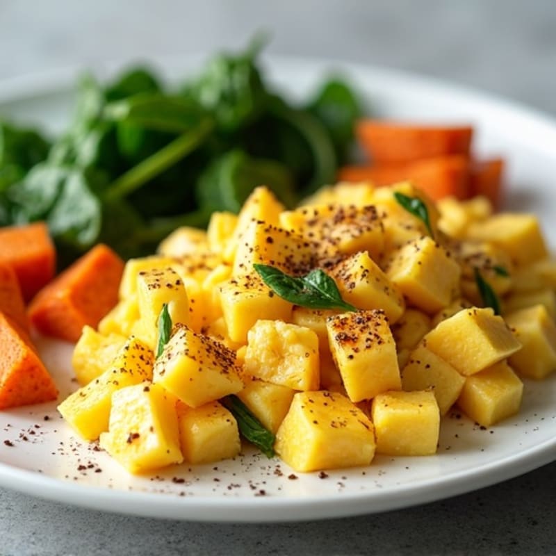 Protein-Packed Scrambled Eggs with Crispy Sweet Potato and Greens
