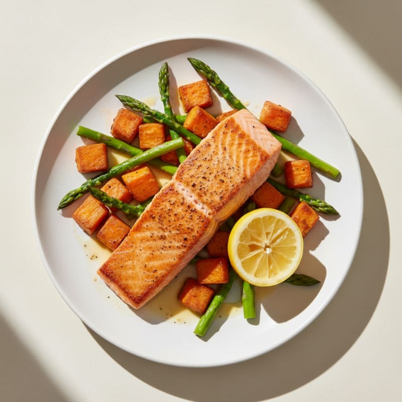 Seared Salmon with Roasted Sweet Potatoes and Asparagus