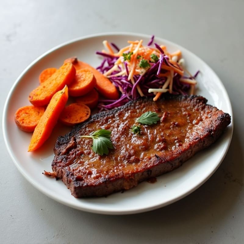 Smoky Brisket Plate with Roasted Sweet Potatoes and Crunchy Slaw