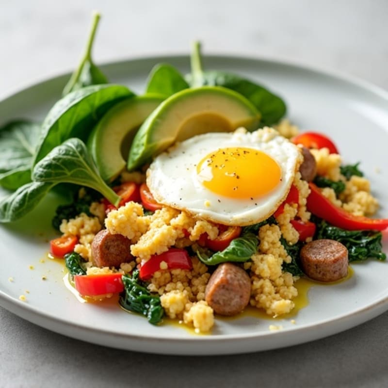 Egg White and Turkey Sausage Scramble with Spinach and Bell Peppers
