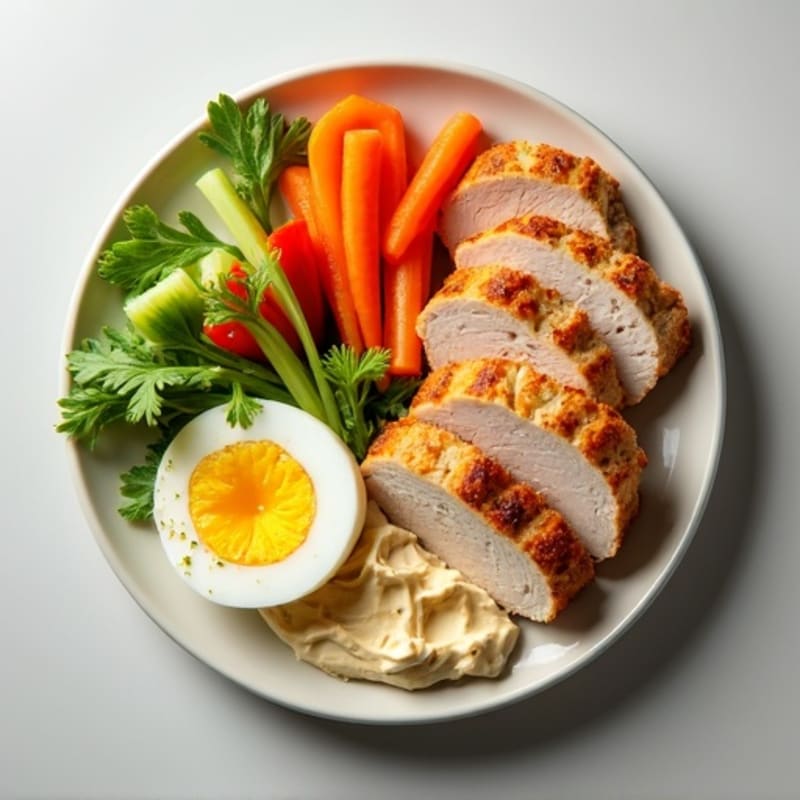 High-Protein Turkey and Hard-Boiled Egg Snack Plate with Crunchy Veggies and Creamy Hummus