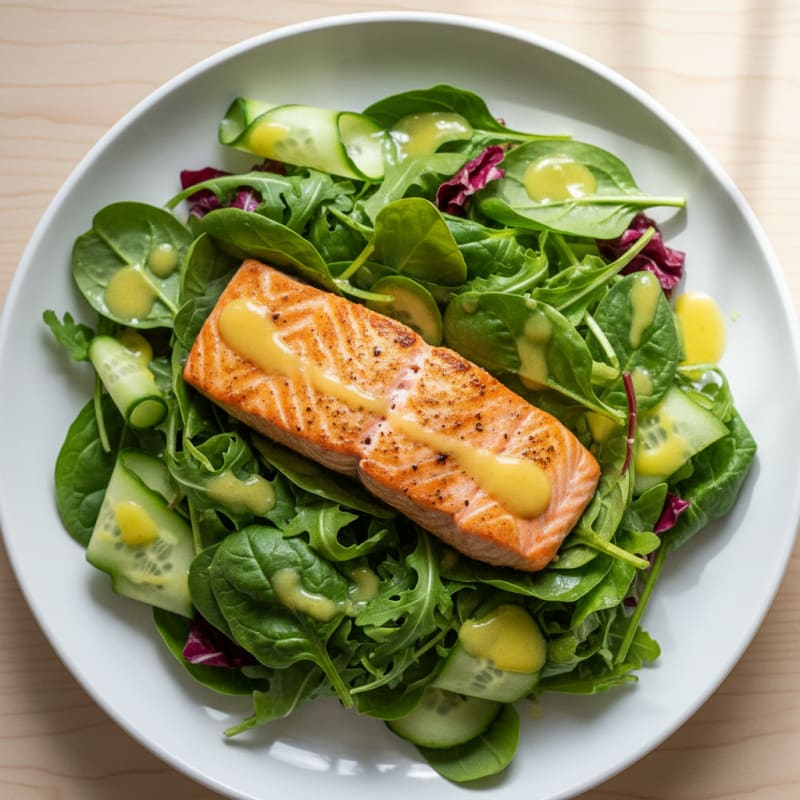 Grilled Salmon Salad with Leafy Greens and Lemon Vinaigrette