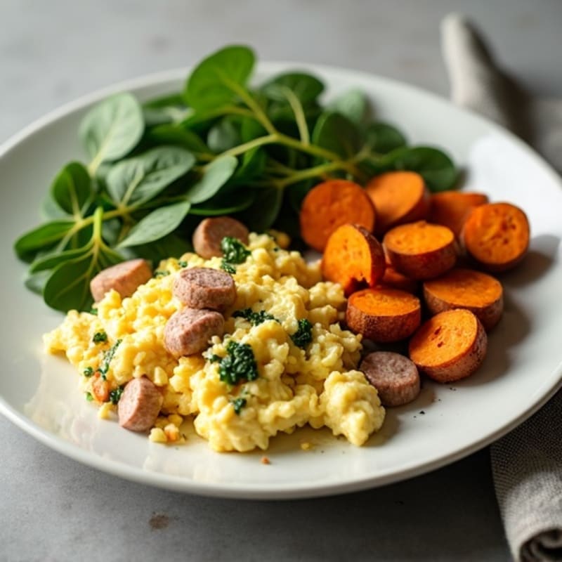 Egg White and Turkey Sausage Scramble with Spinach and Roasted Sweet Potato