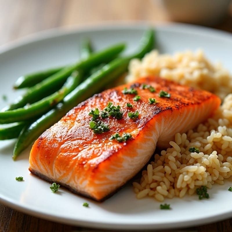 Seared Salmon Fillet with Steamed Green Beans and Brown Rice